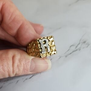14k Gold  Custom-Made Nugget Mens Ring With The Letter R Lifted Off The Base.